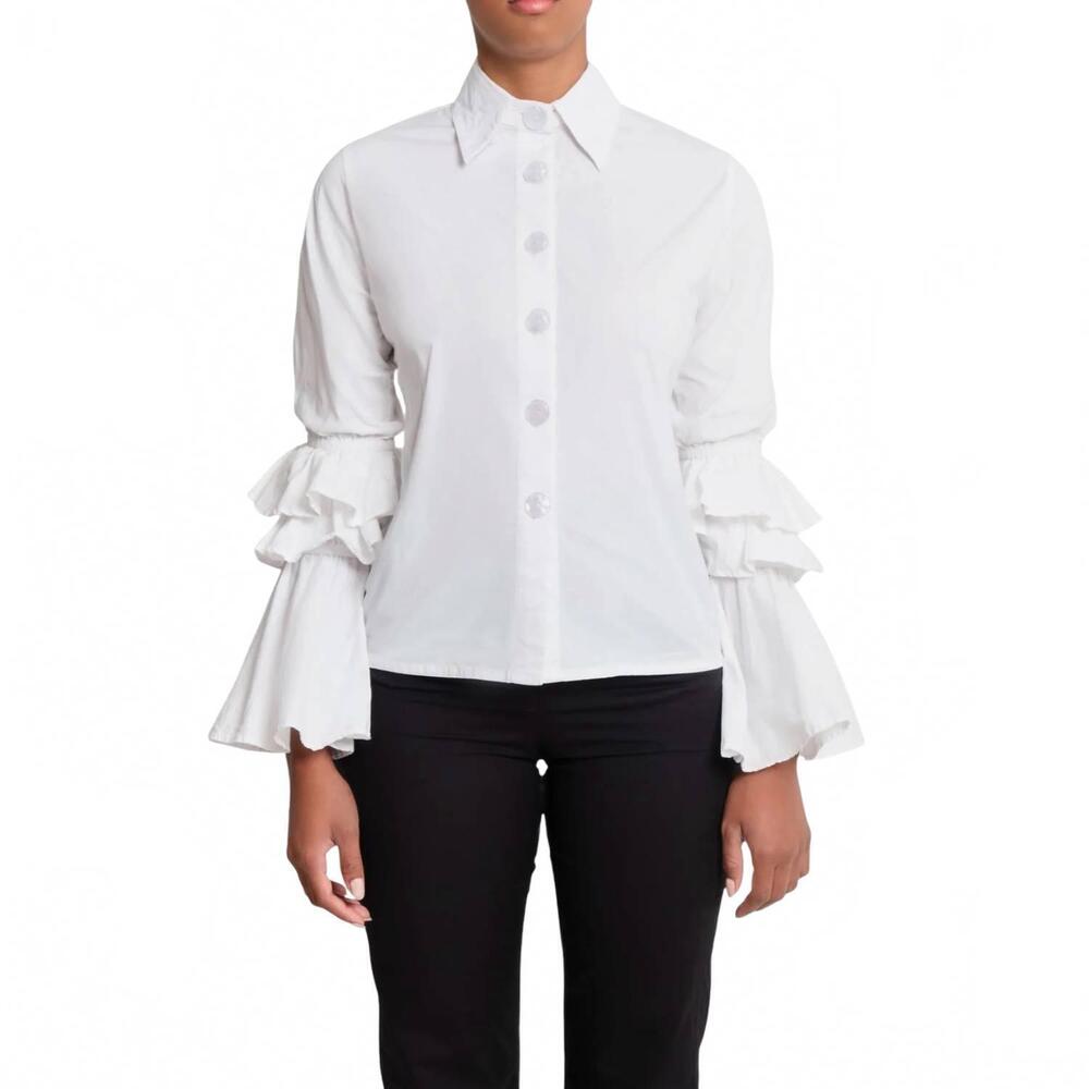 NEW THE LULO PROJECT brave ruffle bell sleeve stretch shirt in white